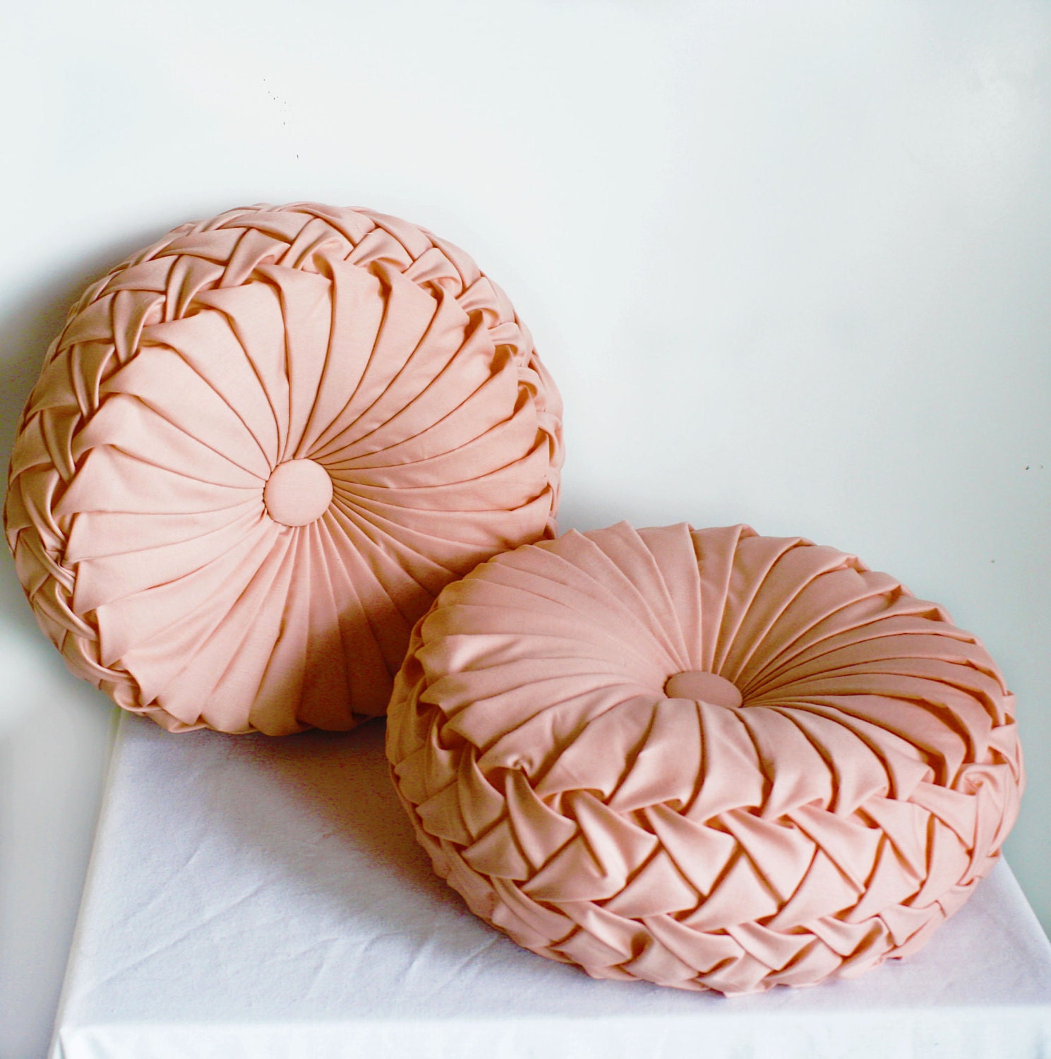 Made-to-Order 1960s Vintage Inspired Round Smocked Decorative Pillows Peach Bridal Satin