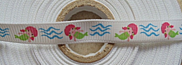 Merry Mermaids rolling on the waves on white 3/8" grosgrain ribbon Il_170x135