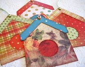Peach and Turquoise Birdhouse Tags apricot coral blue green floral plaid polka dot bird house