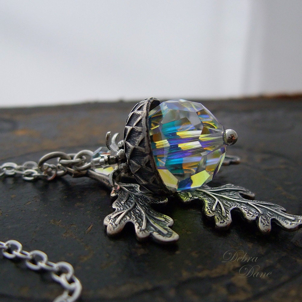 Acorn Necklace Crystal Acorn Necklace Silver Oakleaf Necklace Fall Fashion