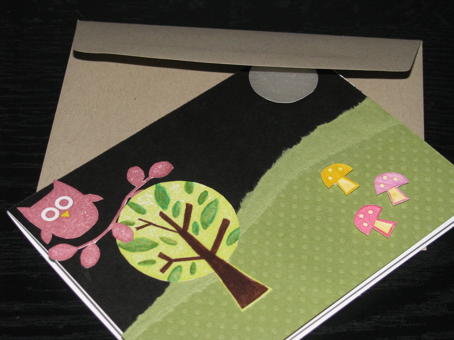Blank Greeting Card - Forest Friends at Night with Owl and Mushrooms