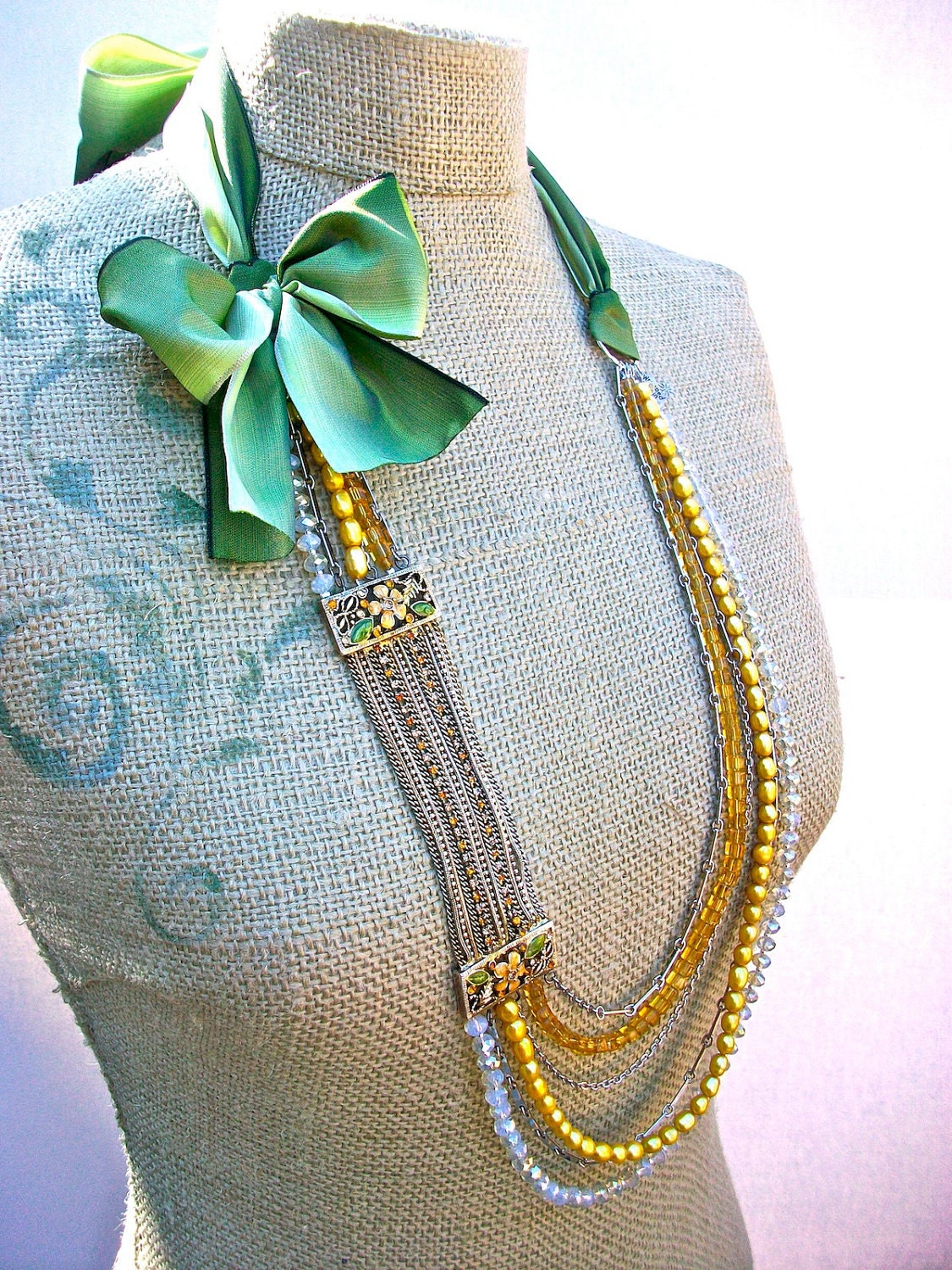 Yellow Tundra- tie necklace made with reclaimed jewelry parts and Czech Glass beads