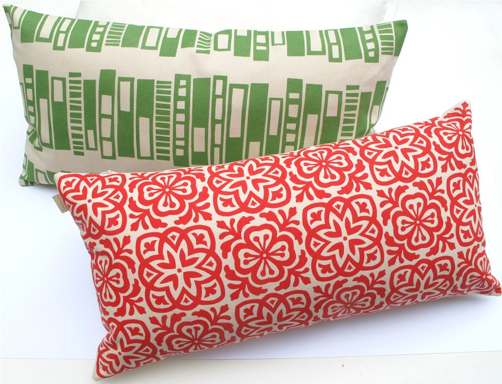 Moroccan Tile Slim Pillow in Red with Feather Pad