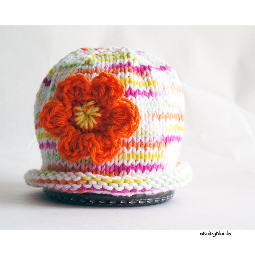 Knit Baby Hat, Photo Prop, Cloche Orange Flower Multi Color Cotton Yarn White Pink Yellow Green
