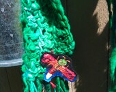 Scarf Neckwarmer Wrap. Green handspun crochet wool fringe tassels butterfly ooak