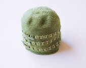 Crochet Green Baby Hat with Ribbon Bows Cotton