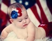 American, Red, White and Blue infant headband with lace and vintage star buttons