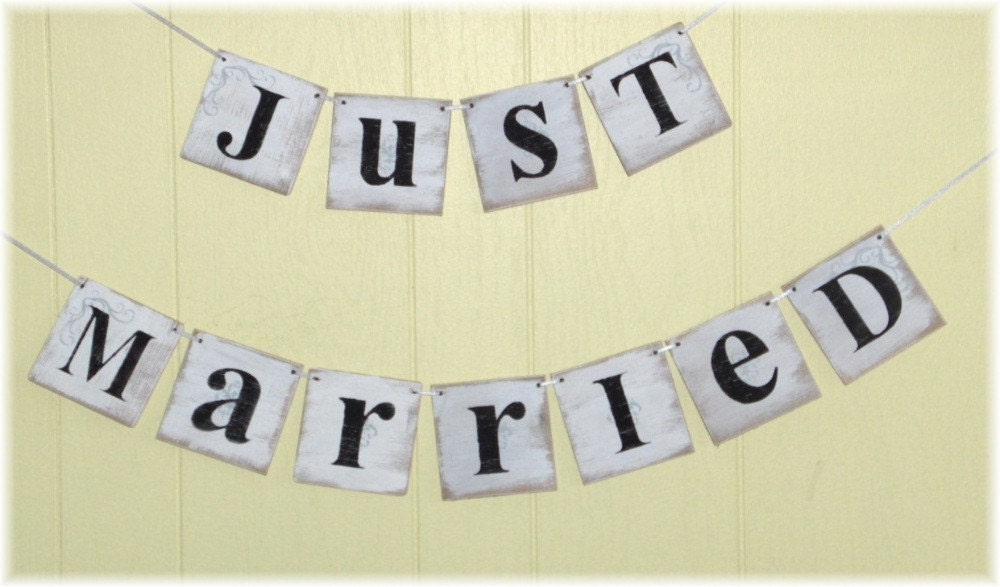 Just Married Wedding Banner Garland Shabby Chic White 4 x 4 Wood Tiles Two Piece Custom Colors Sign Photo Prop