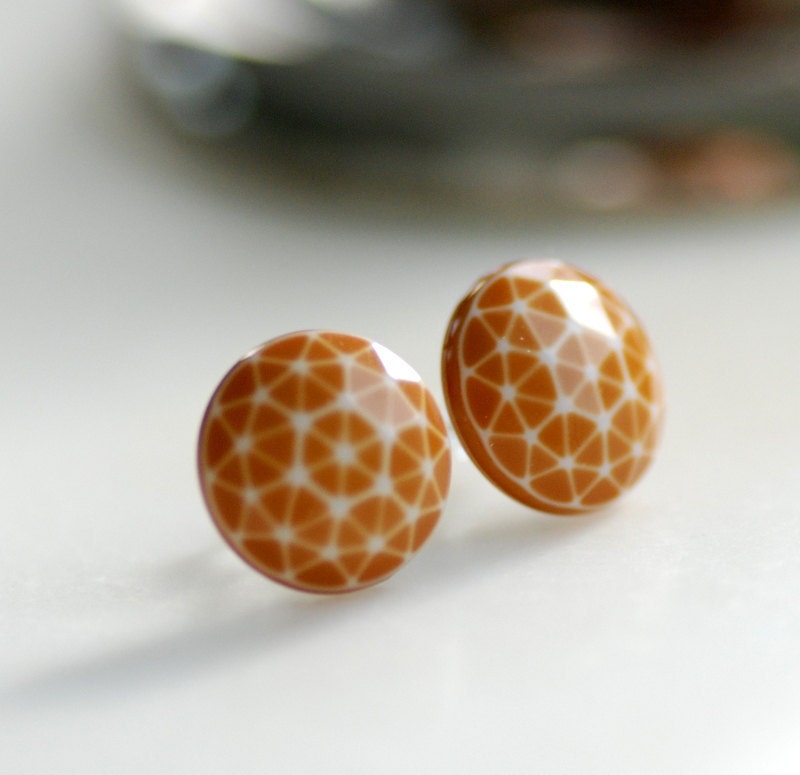 Stud Post Earrings, Caramel Brown and White Vintage Lucite Cabochons and Steel Geometric