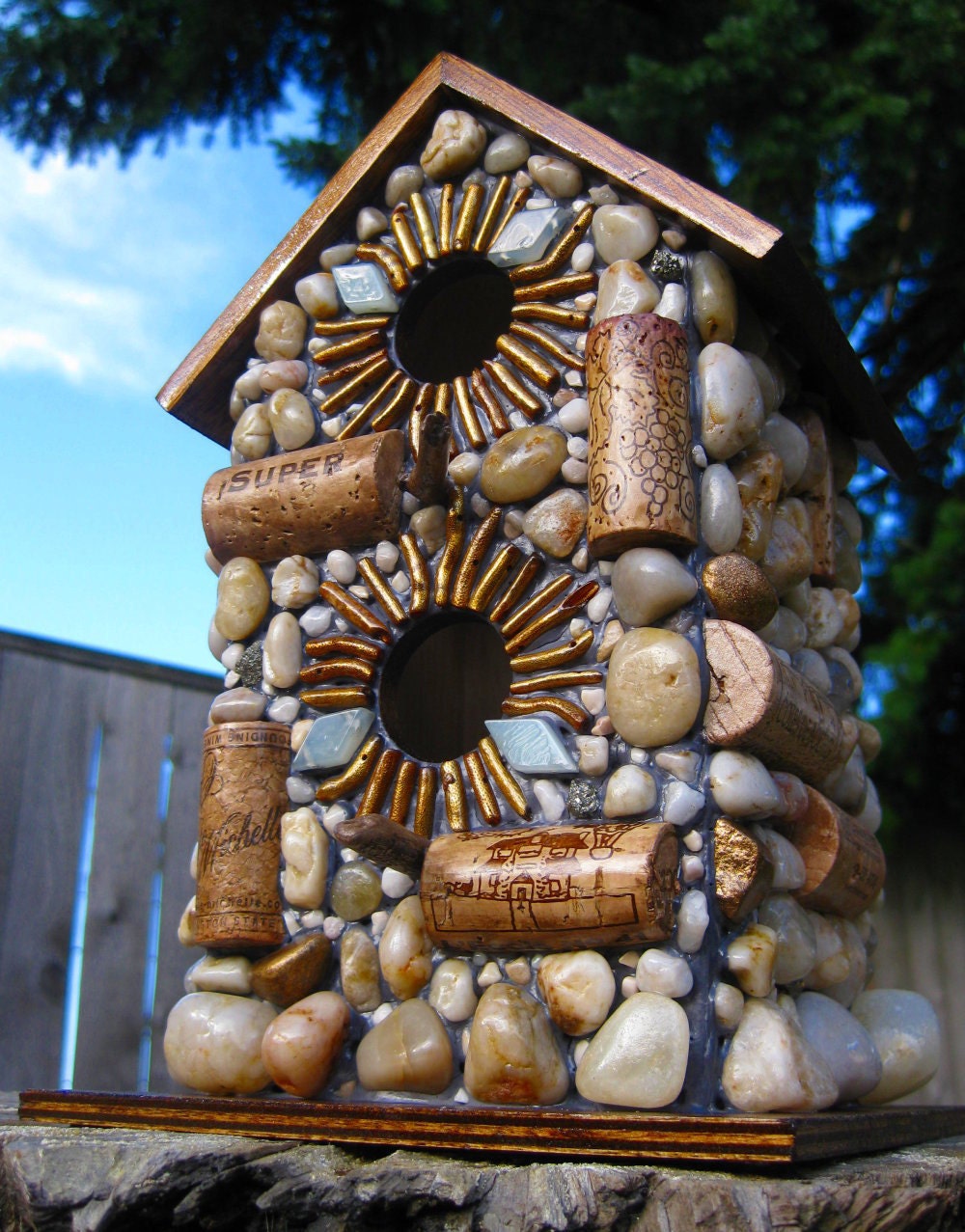 Outdoor Wine Cork Birdhouse with gold accents