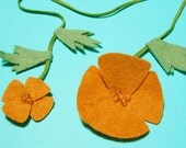 California Poppy Lariat Necklace, Handcrafted from Pumpkin Orange and Sage Green Wool Felt and Suede