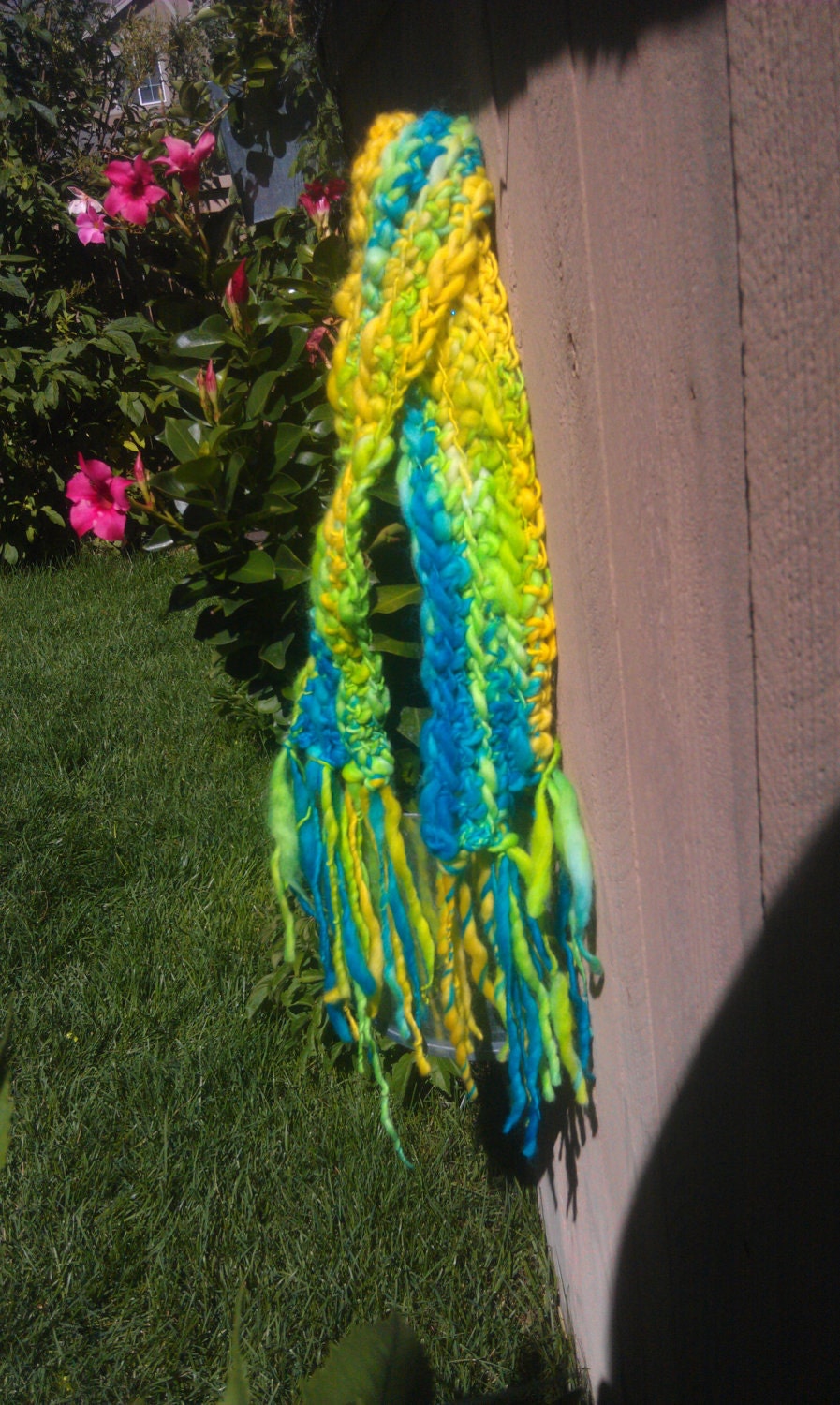 Neon Scarf Neckwarmer Wrap Fringe green yellow blue wool crocheted Cyber Monday Sale 48% off code Holiday