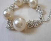Cream and Silver "Protect" Bracelet, with Acrylic Pearl Beads and Silver Plated Chain Pieces