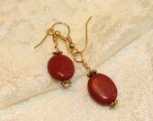 Red Jasper and Gold Plated Pierced Dangle Earrings