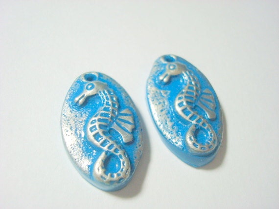 Turquoise and Silver Seahorses Polymer Clay Focal Beads-Free Combined Shipping