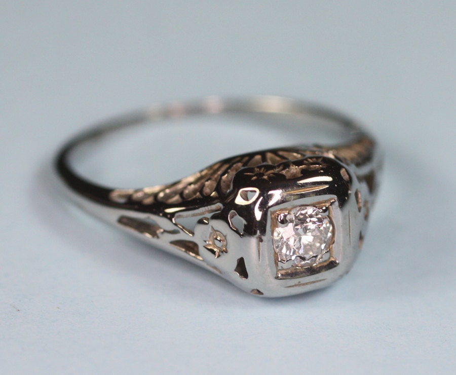 Antique Diamond Ring Filigree 14K White Gold Engagement Ring