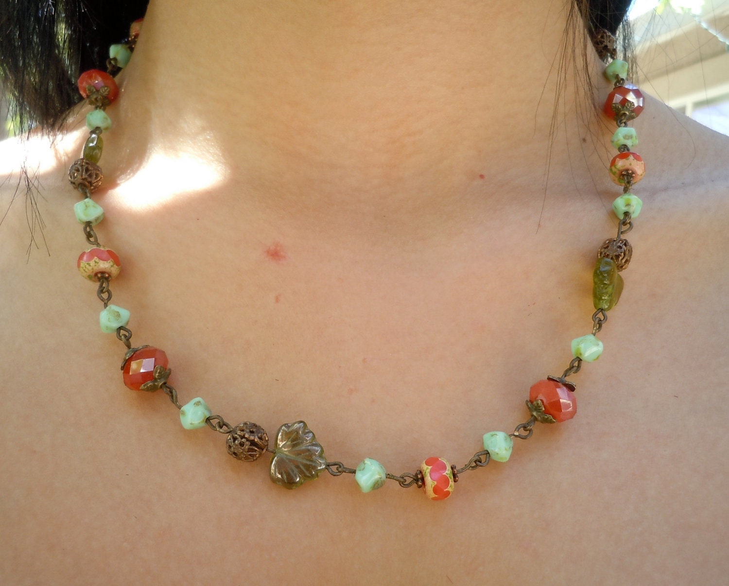 Red  Yellow  Green  Brass  &  Glass, all link together a Reminds me of Cherries in the Summer Necklace