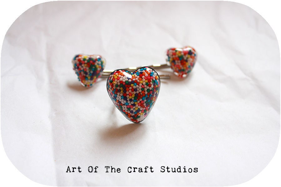 Heart shaped candy sprinkle resin Ring Bobby pin Matching set