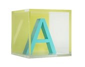 Custom Modern Letter Blocks: Aqua Blue Letter/Lime Green Background