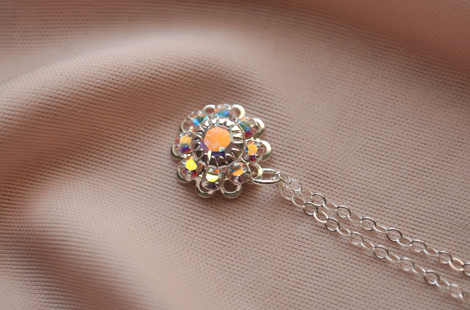 Katherine Necklace - small crystal rhinestone filigree sterling silver - simple dainty or wedding jewelry - adencreations