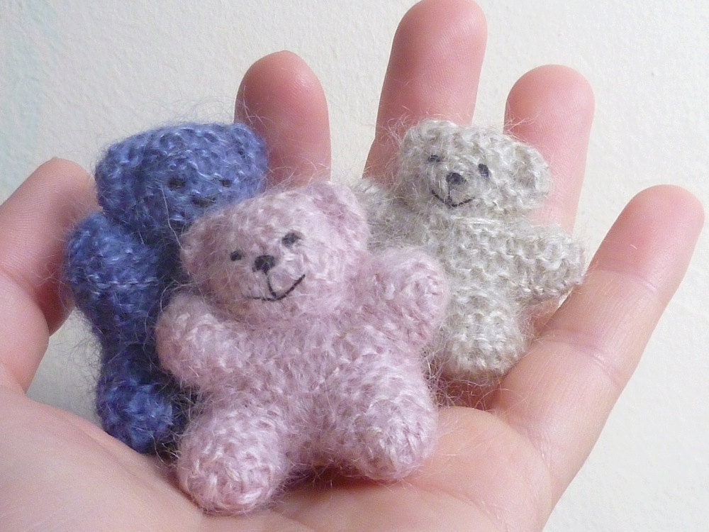 Mohair Teddy Bear. Miniature Bears Pink, Black, Lavender. Handknitted in Mohair and Silk.