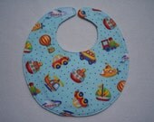 Baby Bibs, four soft layers, reversible, blue with bright toys