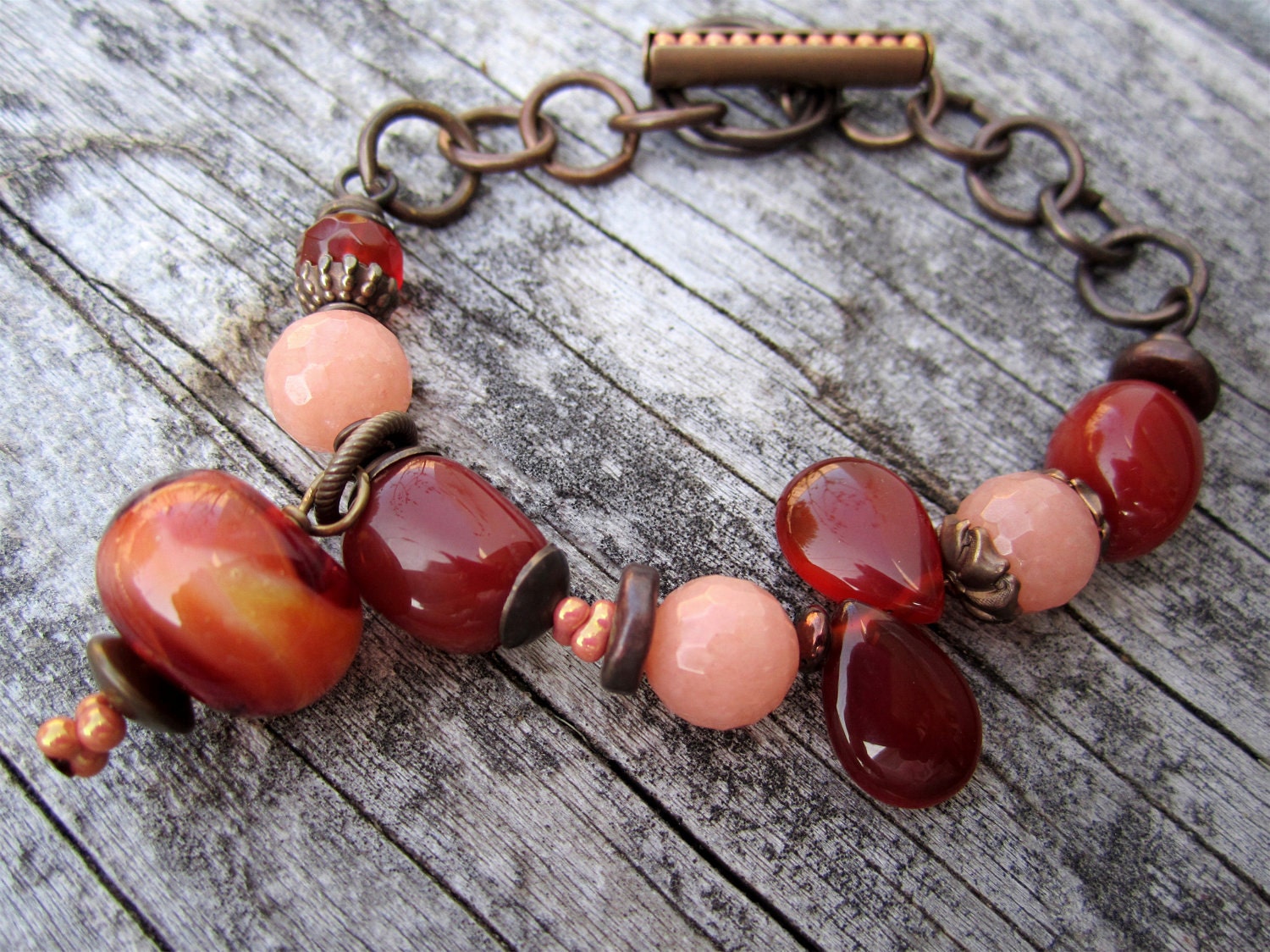 Jersey Tomato - Vintaj all natural brass bracelet with Carnelian, Peach Aventurine, and Boro Lampwork Beads