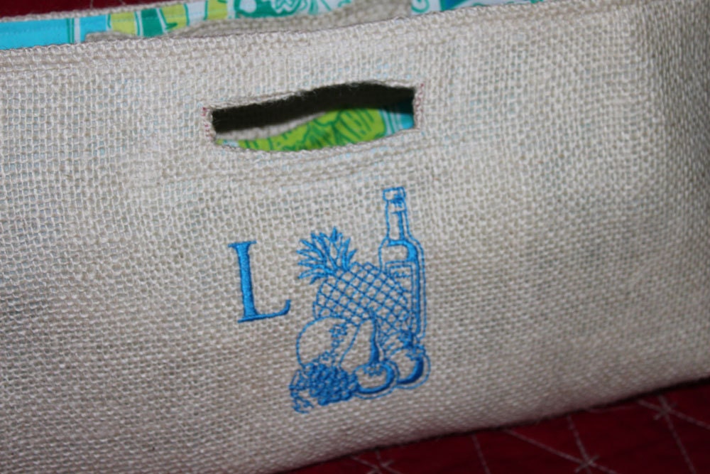 Not Your Usual Wine Bottle Bag made with Lilly Pulitzer Fabric and Burlap