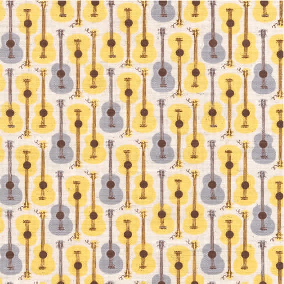 Heather Ross Far Far Away III Fabric  - Guitars Gray and Yellow  1/2 yard, Sale