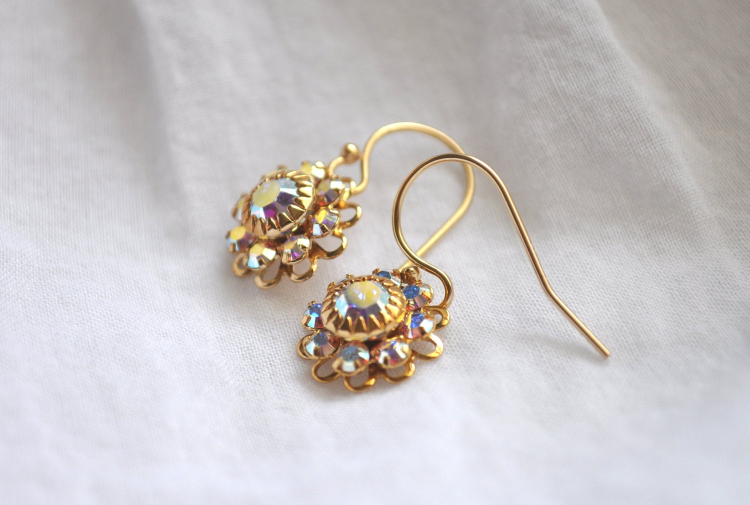 Swarovski Crystal Rhinestone Gold Filigree Katherine Earrings - Aurora Borealis