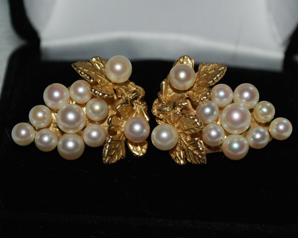 SALE Pearl Gold Earrings Grape Cluster Omega Clip 12.0 grams 14 kt Cream White Luster Christmas Gift for Her