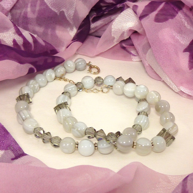 Grey Necklace Banded Agate Swarovski Crystal