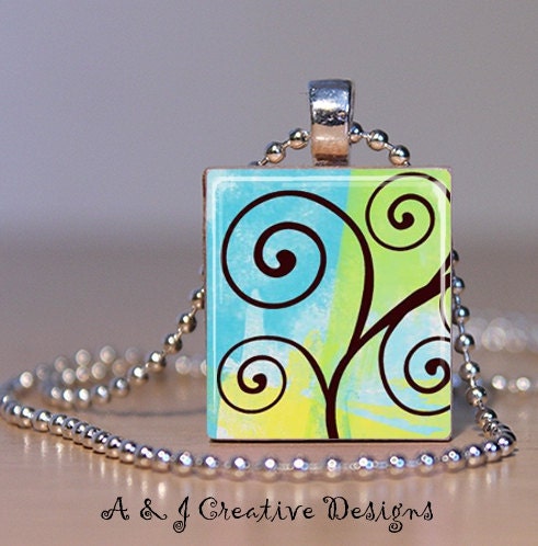 Whimsical Tree Scrabble Tile Pendant Necklace - FREE BALL CHAIN