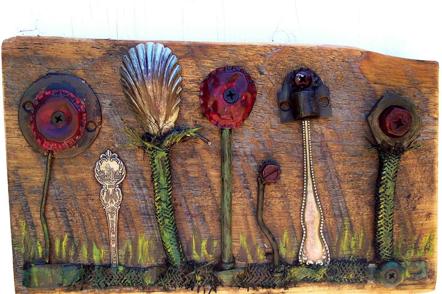 Reclaimed art assemblage found objects Salvage art flowers