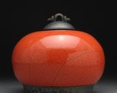 Ceramic lidded jar,Red Orange Raku Jar with lid, art pottery,wheel thrown,handmade