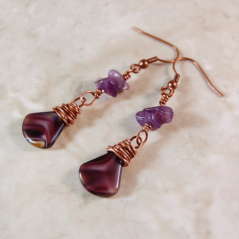 Copper Wire Wrapped Earrings, Amethyst Stone, Purple Glass Beads