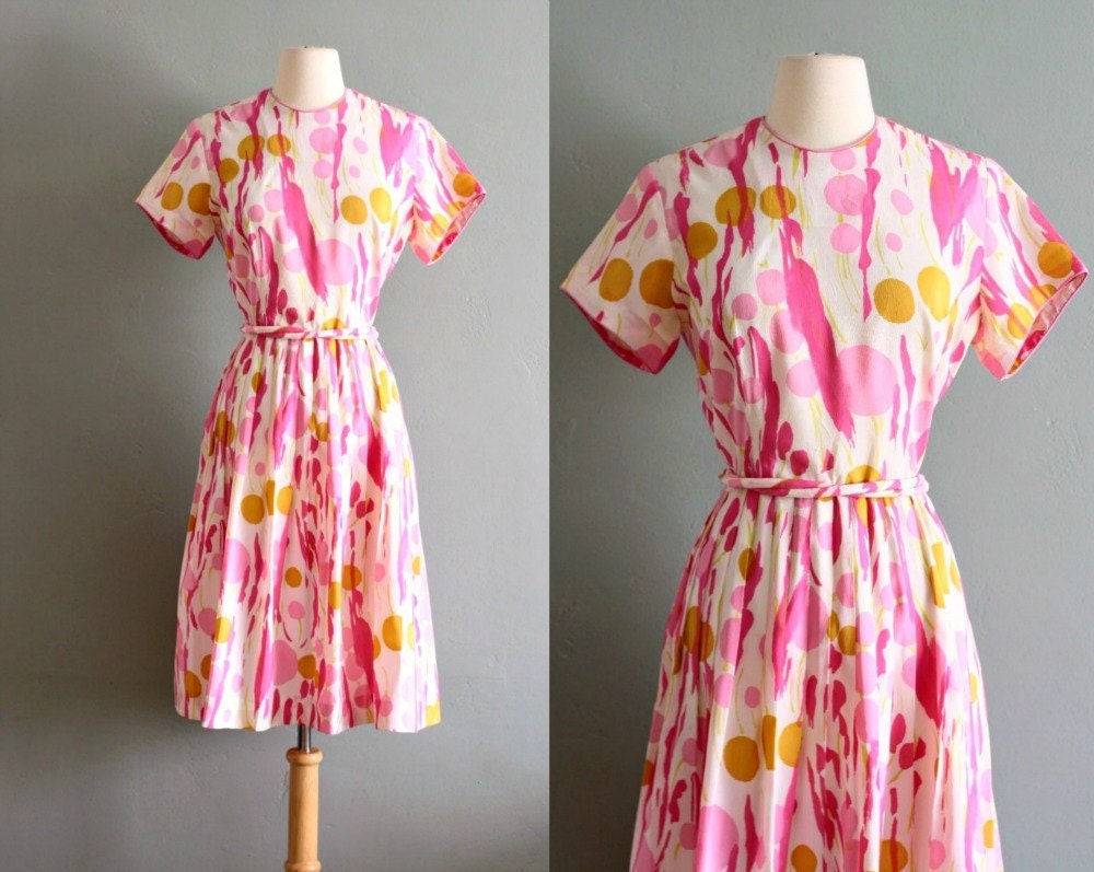 60's M Abstract Print Pleated Swing DRESS