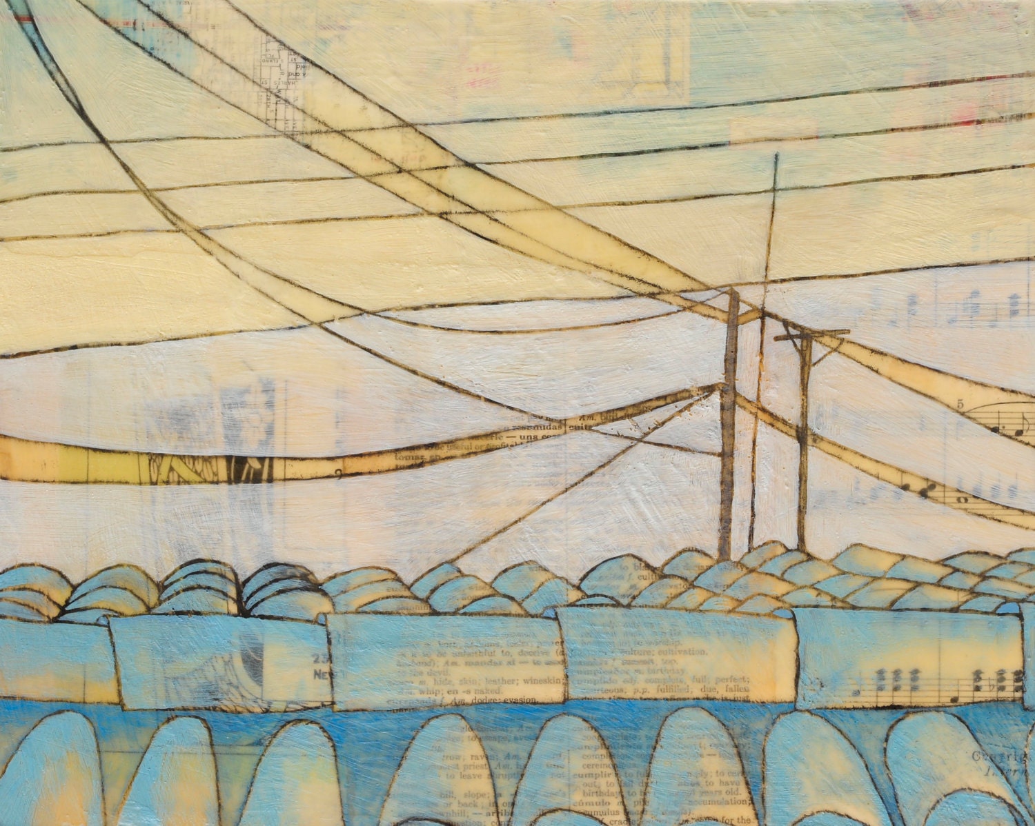 Mixed-Media Encaustic Painting- Rooftop and Power Lines- Fine Art Print: fragile & so strong