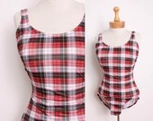 s a l e Vintage 70s / 80s One Piece Swimsuit in Red White Black & Yellow Plaid