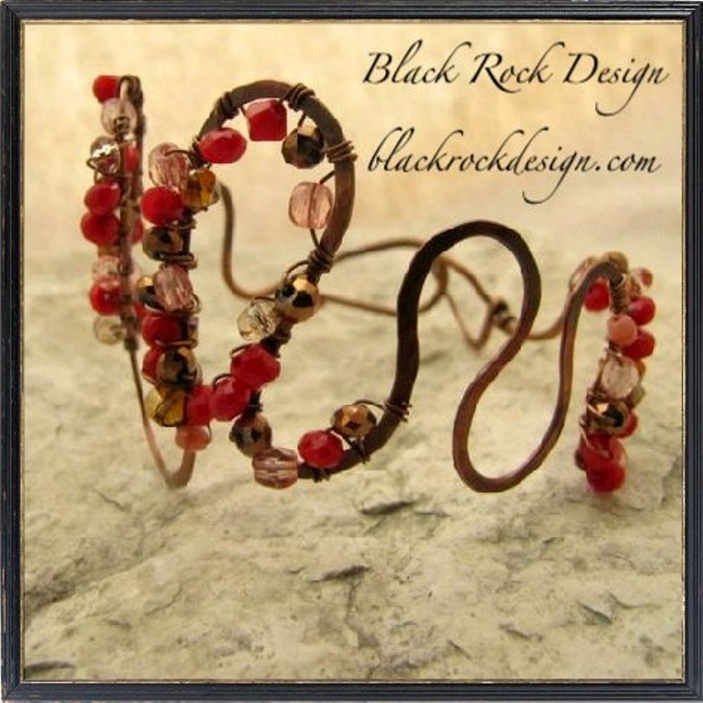 Free Form Hammered Copper Bracelet with Crystals "Scarlet"