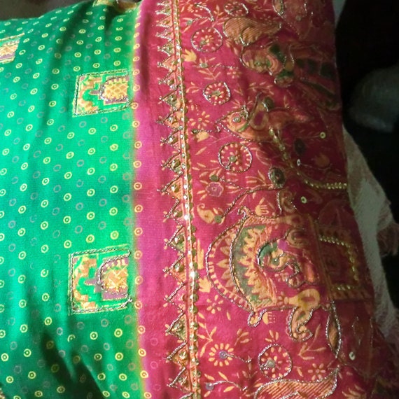 Red and Green Embroidered Sari Pillow Cover 16 x 16