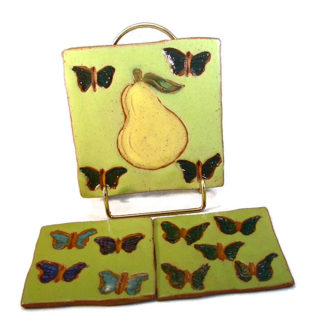 Pear and Butterfly Ceramic Tiles or Coasters / Three Pear and Butterfly Handmade Clay Pottery On Sale