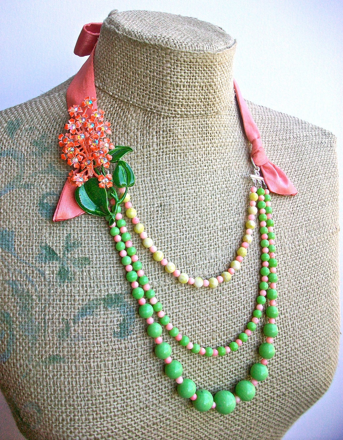 Tuscany Peach Verbena- tie necklace with Vintage Enameled flowers, and Vintage Czech Beads