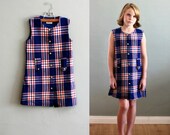 60s 8/9 Blue Plaid Button Up Jumper DRESS