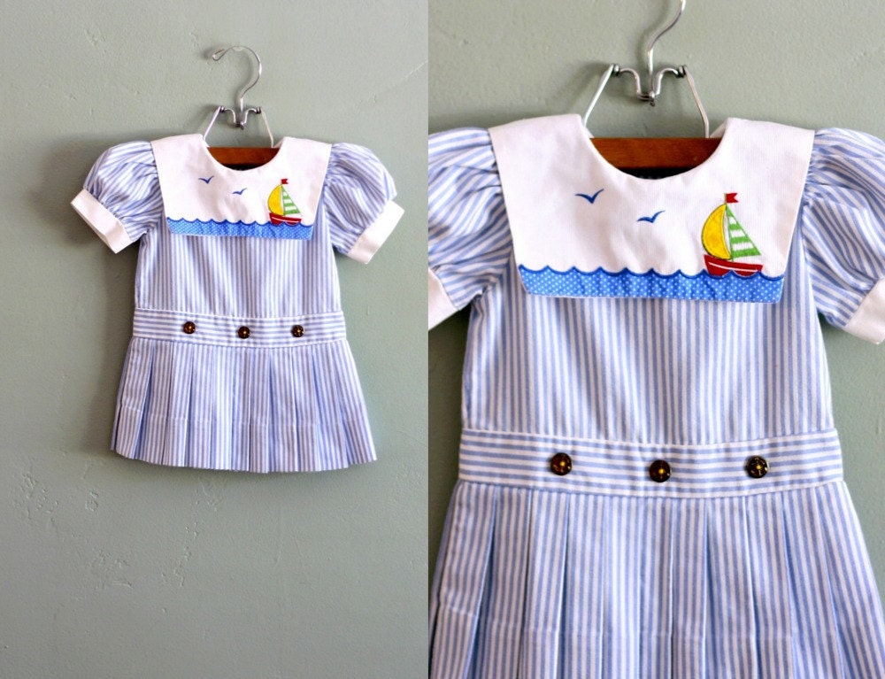 80s 18/24 mos Little Pleated Striped Sailing DRESS