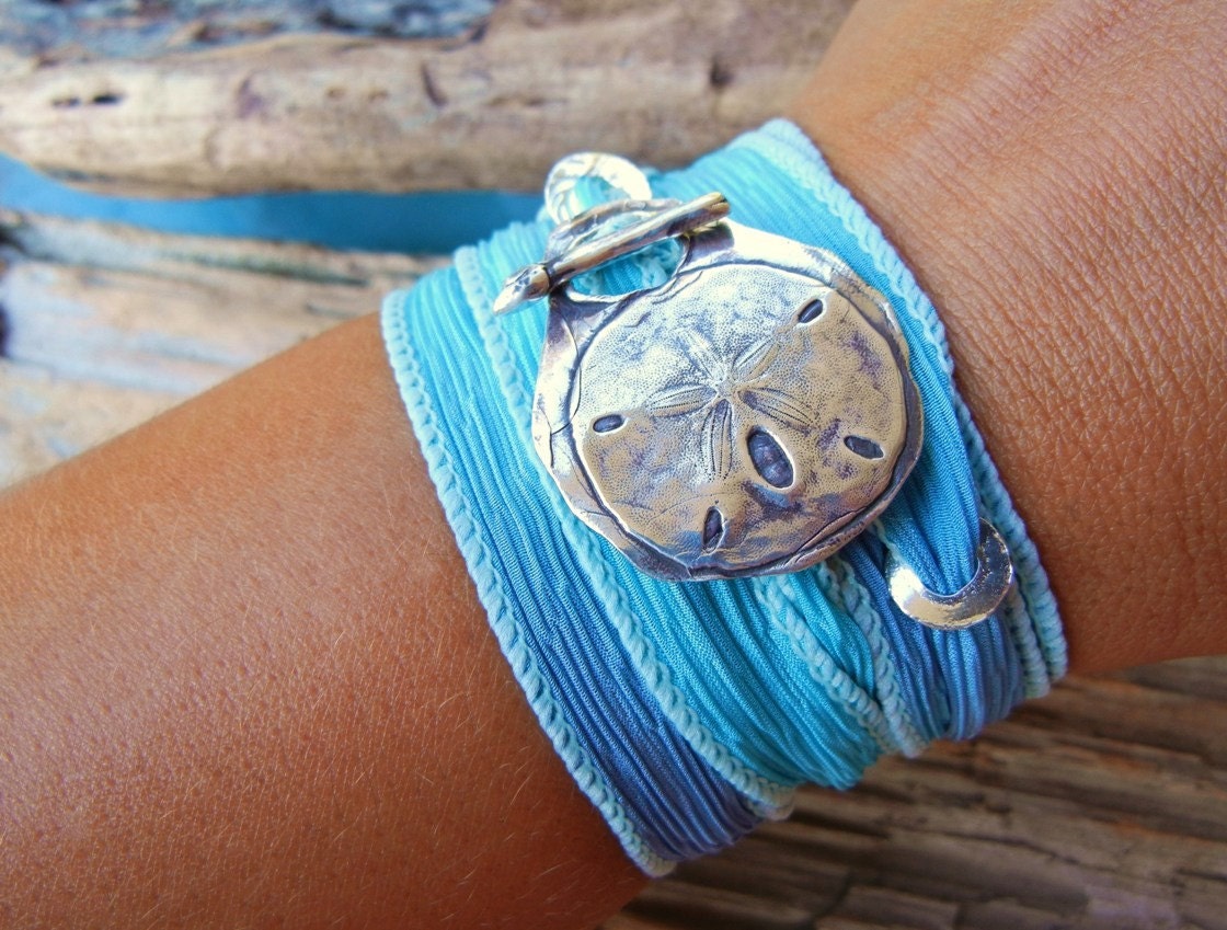 Beach Jewelry, Silk Wrap Bracelet, Delicate Sand Dollar, Surf Wrist Wrap Bracelet, Hand Made Silver Toggle Clasp, Turquoise Blue Silk Ribbon