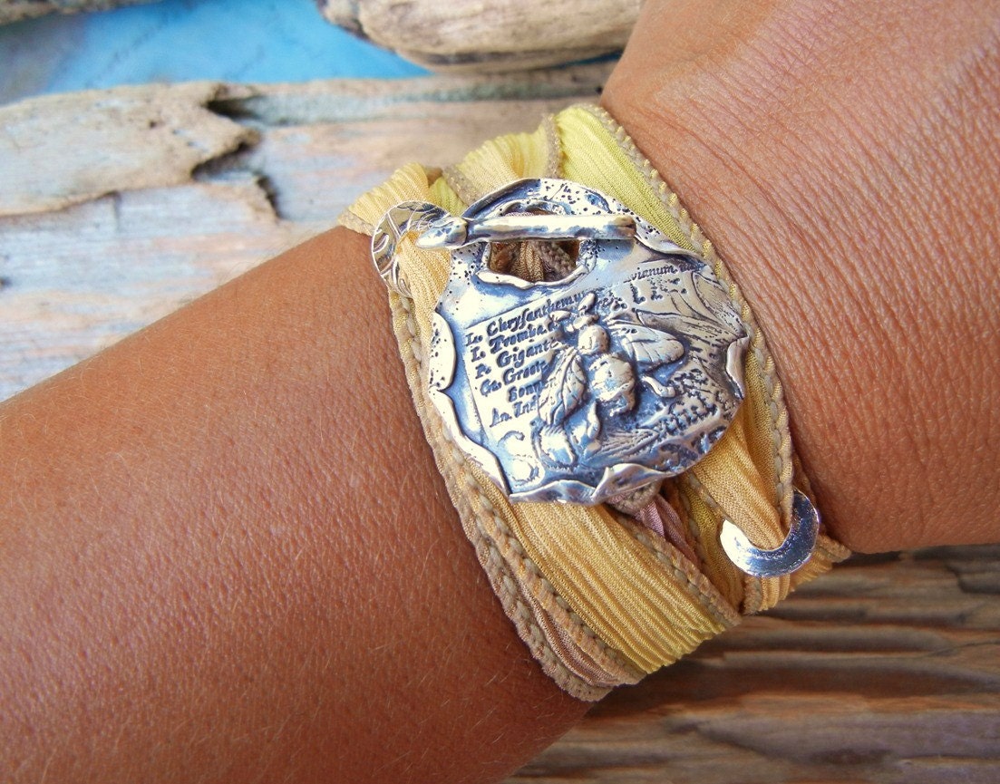 Spring Jewelry, Springtime Jewelry, Silk Ribbon Bracelet, Honey Bee Silver Toggle Bracelet, Spring Fashion Colors Buttercup Citrine Yellow