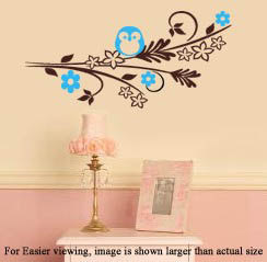 Chubbly Little Owl on Tree Branch with flowers Vinyl Wall Lettering Decal children