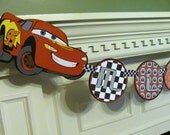Cars Birthday Banner with Personalized Name Banner featuring Lightning McQueen & Mater