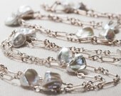 Long Pearl Necklace White Pearl Bridal Necklace Wire Wrapped Silver Chain